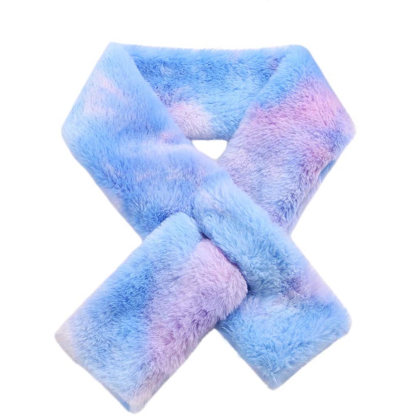 Newfancy Kids Winter Rainbow Scarf Gradient Cross Tie Collar Fluffy Fur Plush Shawl Wrap Neck Warmer for Toddler Girls Boys Gradient Blue - Image 1